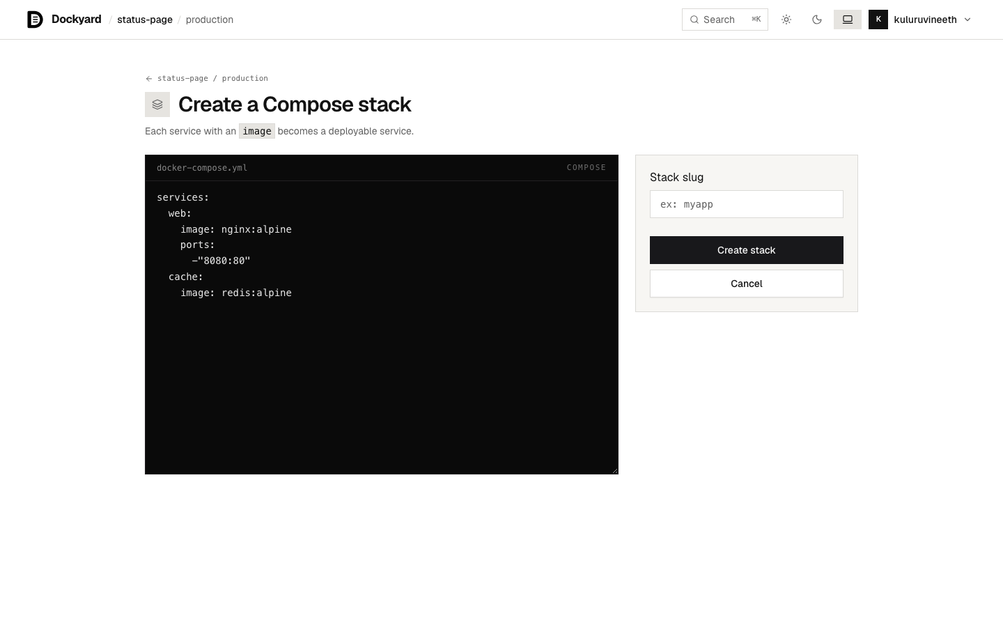 The screen this chapter is behind — a compose file goes in the textarea, and a named stack of services comes out. The file shown is the platform's own placeholder.