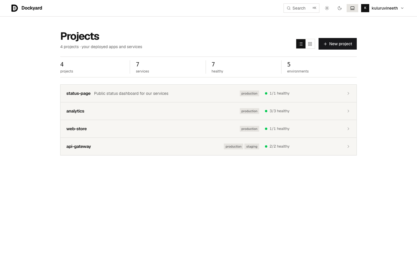 The projects dashboard — real data from the running instance: four projects, seven services, seven healthy.