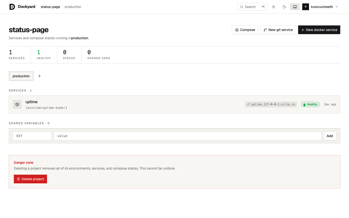 A production environment with a live service — a real URL, a healthy status, captured from the running platform.